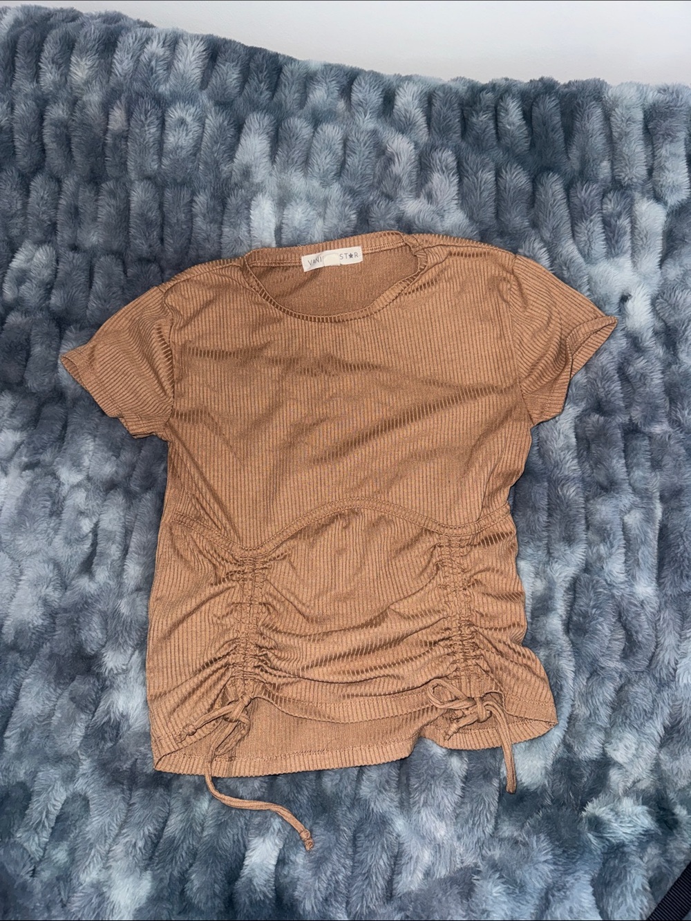 Wit & Wisdom Ribbed Ruched Short Sleeve Top in Tan